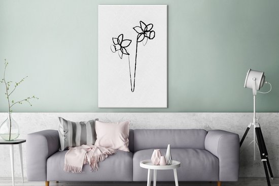 Jonquilles ligne art botanique sur fond toile 2cm 90x140 cm blanc - impression photo sur toile peinture (Décoration murale salon / chambre à coucher) / Fleurs Peintures Toile