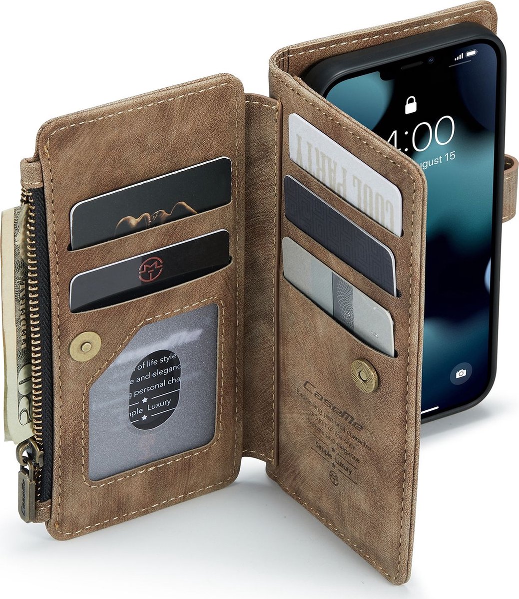 CaseMe voor iPhone SE & 5s & 5 multifunctionele lederen Billfold met afneembare magnetische PC beschermende hoes & 13 Card Slots & 1 foto Frames & 1 rits portemonnee & 2 magnetische slotjes & Holder(Brown)