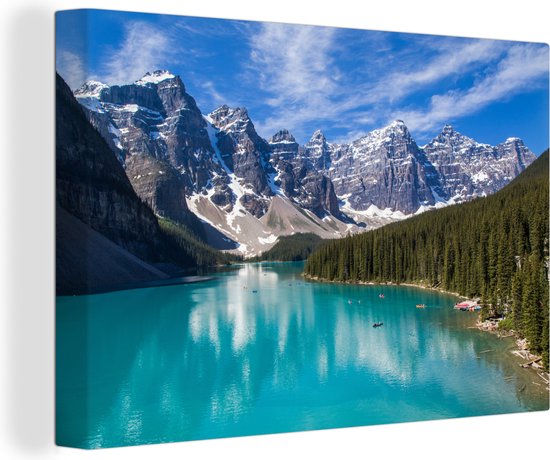 Canvas - Moraine Lake - Bergen - Meer - Bos - Canada - Interieur - 150x100 cm - Wanddecoratie - Canvas schilderij