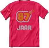 87 Jaar Feest T-Shirt | Goud - Zilver | Grappig Verjaardag Cadeau Shirt | Dames - Heren - Unisex | Tshirt Kleding Kado | - Roze - S