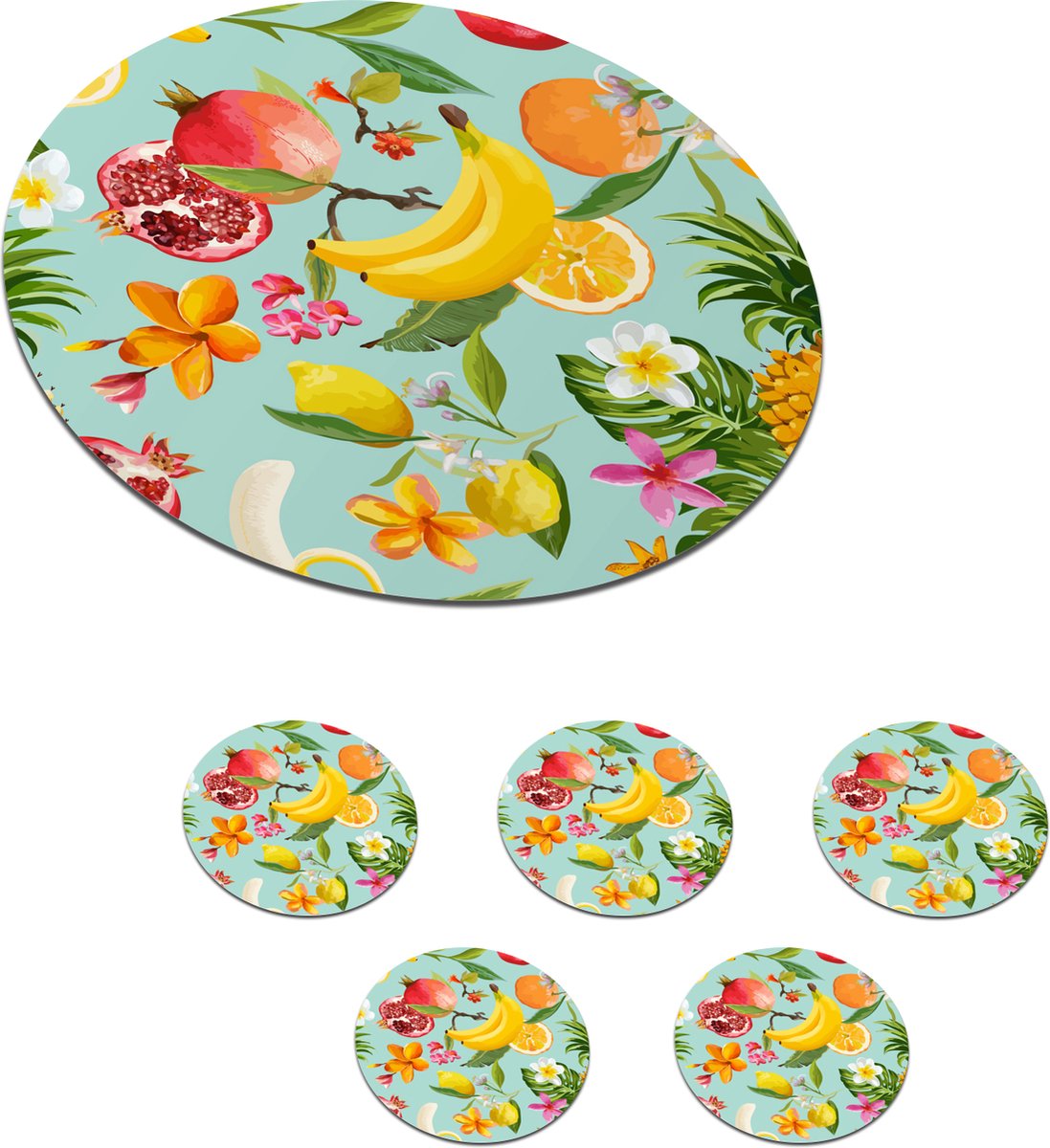 Onderzetters voor glazen - Rond - Fruit - Tropisch - Groen - 10x10 cm - Glasonderzetters - 6 stuks