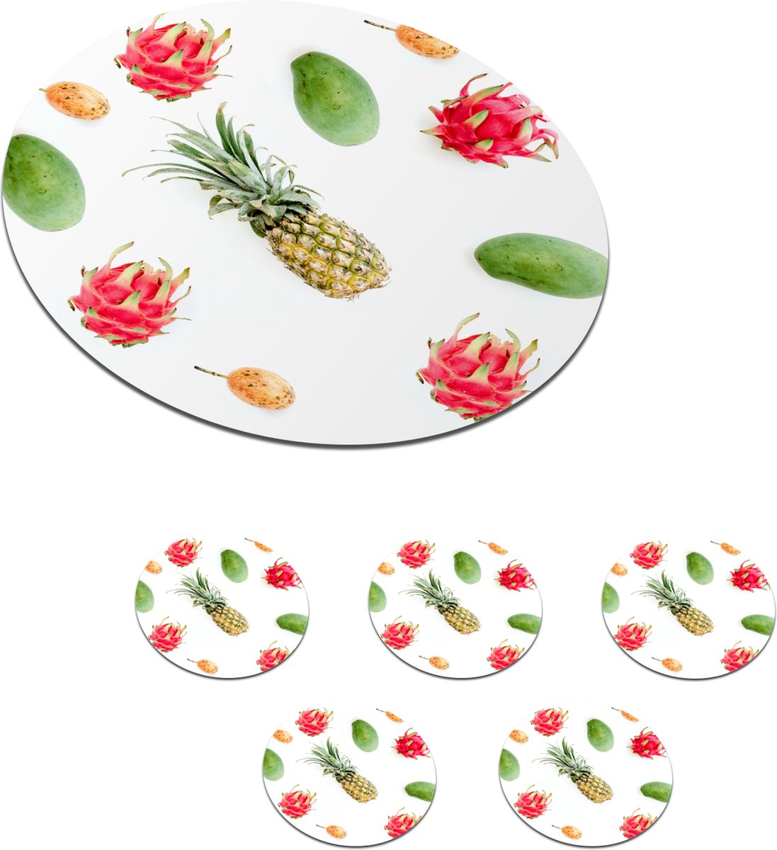 Onderzetters voor glazen - Rond - Tropisch - Fruit - Mango - 10x10 cm - Glasonderzetters - 6 stuks