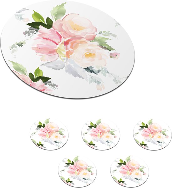 Onderzetters voor glazen – Rond – Rozen – Waterverf – Wit – 10×10 cm – Glasonderzetters – 6 stuks