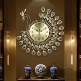 Wandklok - Grote 3D Gouden Diamanten Peacock Wandklok - Metalen Horloge - voor Thuis Woonkamer Decoratie - DIY Klokken Ornamenten - 53x53cm
