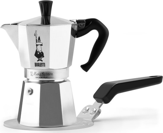 Bialetti Moka Express percolator met "Made in Italy" logo en een los handvat.