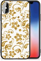 Back Cover Siliconen Hoesje Geschikt voor iPhoneX | Xs Telefoonhoesje met Zwarte rand Gouden Bloemen