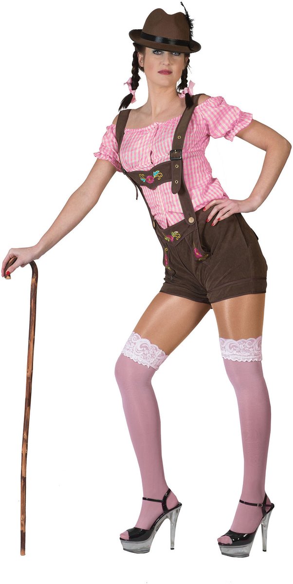 Funny Fashion - Boeren Tirol & Oktoberfest Kostuum - Roze-Wit Tiroler Hemd Vrouw - Roze - Maat 36-38 - Bierfeest - Verkleedkleding