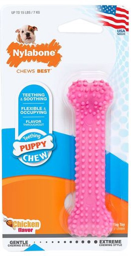 Roze Nylabone Puppy Teething Chew, kip smaak, USA made
