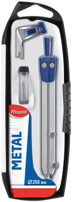 Maped metalen passer in blauw en zilver, met reserveonderdelen en bewaarcassette.