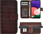 Hoesje Samsung Galaxy A22 5G - Bookcase - Samsung A22 5G Wallet Book Case Echt Leer Croco Bruin Cover