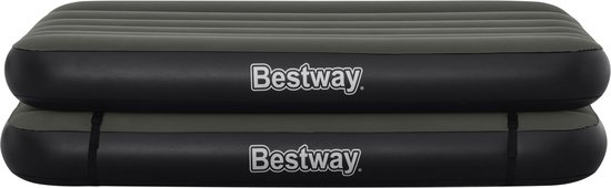 Twee Bestway luchtbedden gestapeld op een wit oppervlak. Beide zijn donkergrijs met het Bestway logo op de zijkant.