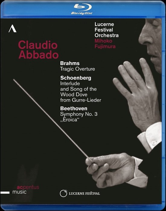 Blu-ray hoes met Claudio Abbado die een orkest dirigeert. Titels: Brahms, Schoenberg, Beethoven. Met Lucerne Festival Orchestra, Mihoko Fujimura.