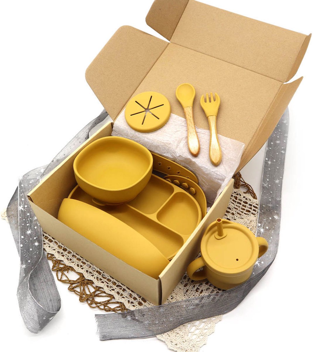 Goedkoopste Kersvers - siliconen baby servies - kinderservies - kinderbord - baby bord - slabbetje - antislip - Oker geel - kraamcadeau - giftset – kinderbestek – BPA vrij
