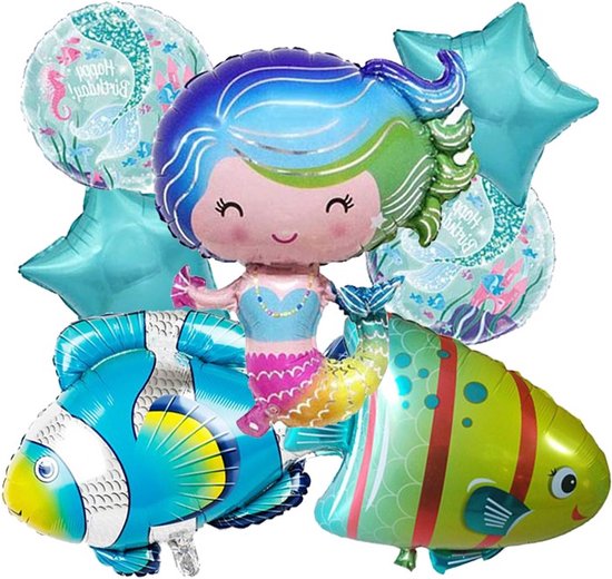 Grote Ballonnen Set onderwaterwereld & zeemeermin - 7 folieballonnen met lint en rietje - XL oceaan versiering - Helium ballonnen Feestpakket - Verjaardag versiering zeemeermin feestartikelen Happy Birthday party thema kinderfeestje Cadeau Communie