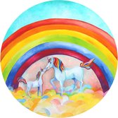 Muurcirkel - Wandcirkel - Eenhoorn / Unicorn in sprookjes setting - Kinderschilderij  - Dibond - ⌀ 50 cm - Binnen en Buiten - Incl. ophangsysteem