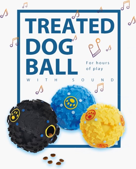 Drie interactieve hondenballen: zwart, blauw en geel. Tekst: TREATED DOG BALL WITH SOUND.