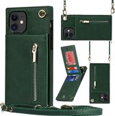 Geschikt Voor iPhone 11 Hoesje Met Koord - Solidenz Portemonnee Hoes - Telefoonhoesje Met Koord - Wallet Case - Cover Hoes Met Koordje - Backcover Met Koord - Groen