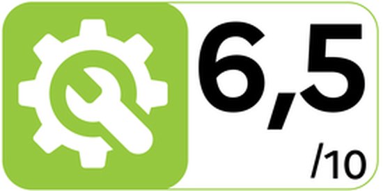 Groen icoon met een moersleutel in een tandwiel, naast '6,5 / 10'.
