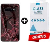 Backcover Marmerlook Hoesje Samsung Galaxy S10 Rood - Gratis Screen Protector - Telefoonhoesje - Smartphonehoesje