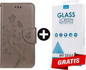 Bookcase Hoesje Vlinders Met Pasjeshouder iPhone 12 Mini Grijs - Gratis Screen Protector - Telefoonhoesje - Smartphonehoesje