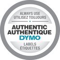 Cirkelvormig DYMO logo 'Authentieke Labels' met 'Always Use Authentic DYMO Labels'.