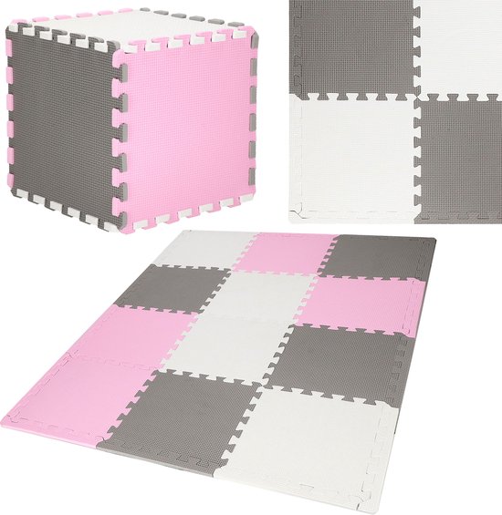 Springos Speelmat - Speelmat Foam - Puzzelmat - 12 puzzelstukken - 118 x 90 cm - Roze/Grijs/Wit van SPRI — afbeelding 3