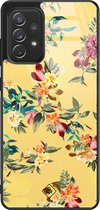 Samsung A52 hoesje glass - Bloemen geel flowers | Samsung Galaxy A52 5G case | Hardcase backcover zwart
