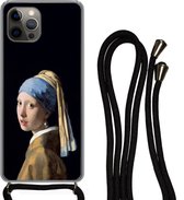 Telefoonkoord - Telefoonketting - Hoesje met koord Geschikt voor iPhone 12 Pro Max - Meisje met de parel - Vermeer - Kunst - Siliconen - Crossbody - Telefoonhoesje met koord