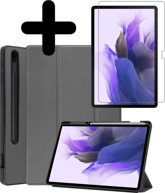 Hoes Geschikt voor Samsung Galaxy Tab S7 FE Hoes Luxe Hoesje Case Met Uitsparing Geschikt voor S Pen Met Screenprotector - Hoesje Geschikt voor Samsung Tab S7 FE Hoes Cover - Grijs