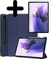 Hoes Geschikt voor Samsung Galaxy Tab S7 FE Hoes Luxe Hoesje Case Met Uitsparing Geschikt voor S Pen Met Screenprotector - Hoesje Geschikt voor Samsung Tab S7 FE Hoes Cover - Donkerblauw