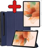 Hoes Geschikt voor Samsung Galaxy Tab S7 FE Hoes Book Case Hoesje Trifold Cover Met Uitsparing Geschikt voor S Pen Met Screenprotector - Hoesje Geschikt voor Samsung Tab S7 FE Hoesje Bookcase - Donkerblauw