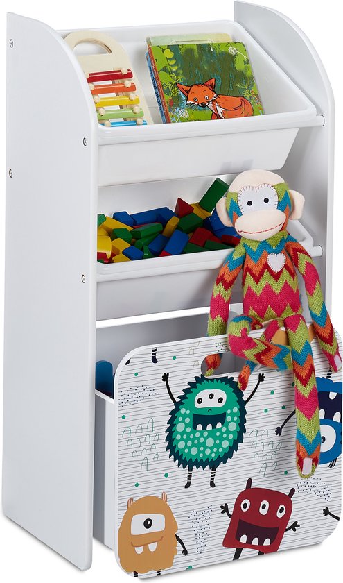 Relaxdays smalle speelgoedkast - witte kinderkast met opbergboxen - opbergkast babykamer