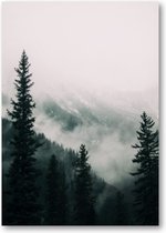 Hoge bomen in het bos in de bergen bedekt met de mist - A3 Poster Staand - 30x42cm - Besteposter - Landschap