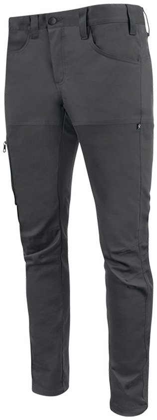 Donkergrijze functionele stretch werkbroek met een gulp, riem lussen en versterkte knieën.
