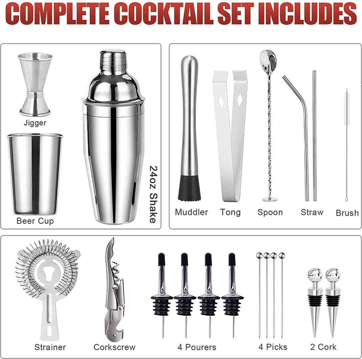 24oz Cocktail Shaker Set - Ensemble mélangeur de boissons en acier