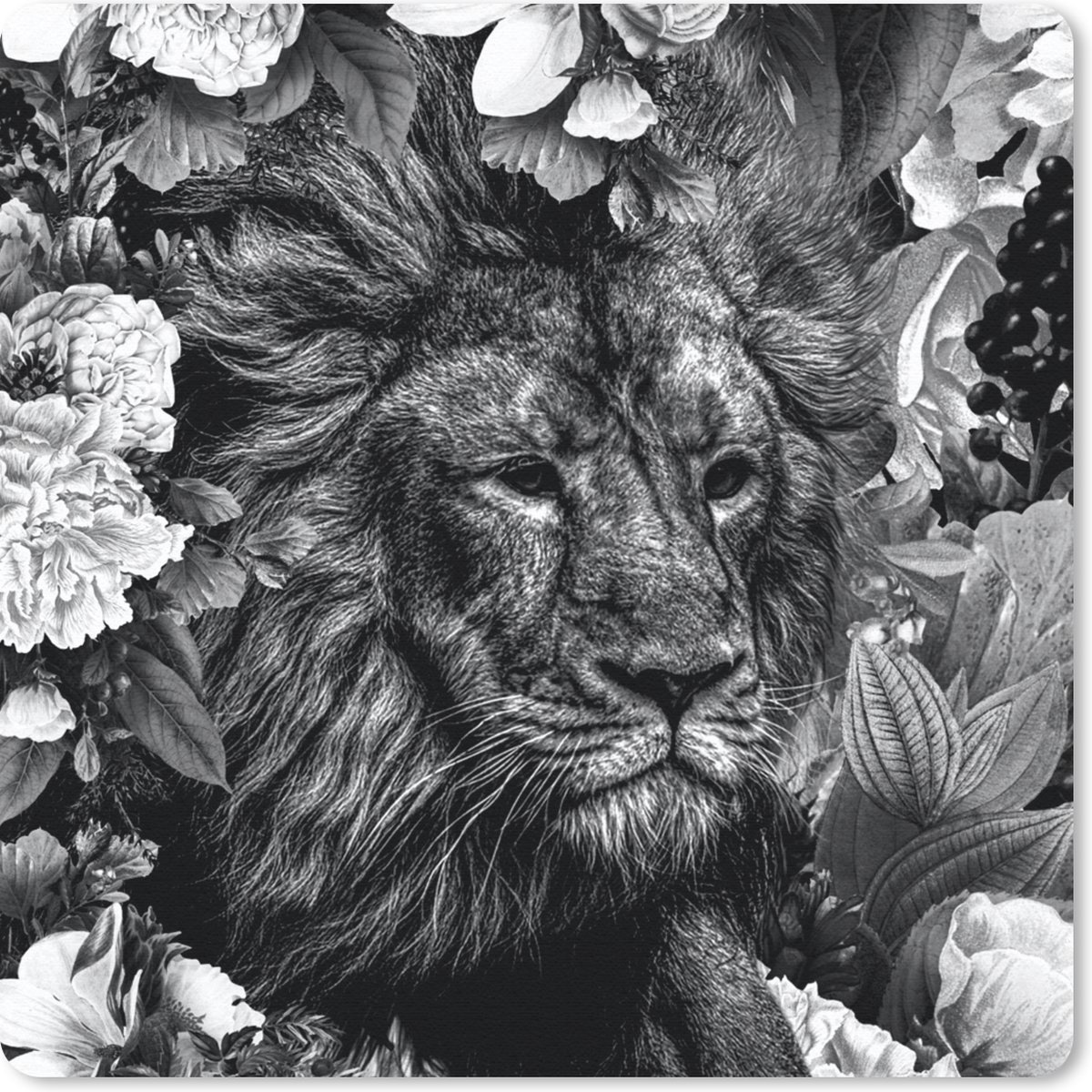 Muismat 30x30 cm - Mousepad Leeuw - Bloemen - Blad - Zwart - Wit - Muismatten