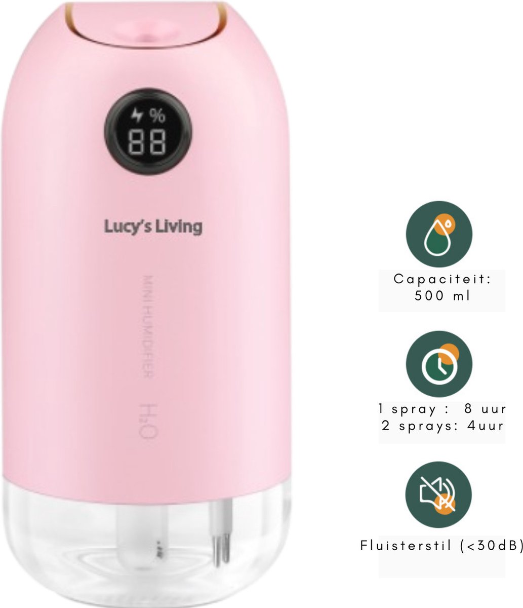 Lucy's Living SKY Luchtbevochtiger roze - ø8 x 18 cm - 500 ml - gezondheid - planten - aroma - humidifier - led - nachtrust - slapen - woonkamer - slaapkamer - kinderkamer - humidifier