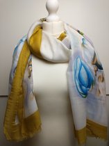 Lange dames sjaal Dalida bloemenmotief okergeel wit blauw bruin zwart