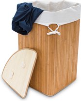 Relaxdays 1x wasmand hoekmodel bamboe - 60 liter - deksel - wasbox - driehoekig - natuur