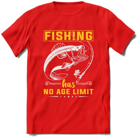 Fishing Has No Age Limit - Vissen T-Shirt | Geel | Grappig Verjaardag Vis Hobby Cadeau Shirt | Dames - Heren - Unisex | Tshirt Hengelsport Kleding Kado - Rood - S
