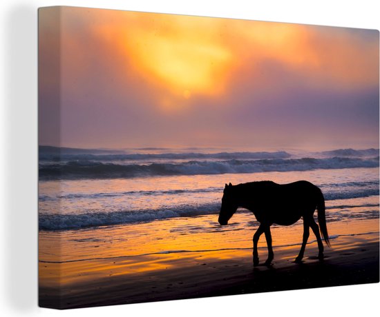 Canvas Schilderij Paard loopt over een strand tijdens zonsondergang - 30x20 cm - Wanddecoratie