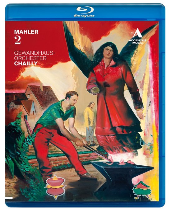Mahler 2, Gewandhaus Orchester Chailly, een engel met rode jas boven een smid met rode broek en groene shirt.