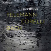 CD-hoes met 'Höör Barock', 'Telemann', 'Corelli', 'Bach'. Harpsichord door Anna Paradiso, blokfluit door Dan Laurin. Donkere, waterige achtergrond met reflecties.