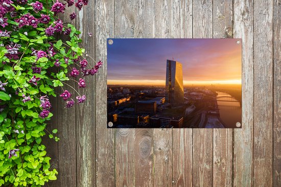Décoration de jardin Vue aérienne du coucher du soleil à la Banque centrale européenne à Francfort, Allemagne - 60x40 cm - Affiche de jardin - Toile de jardin - Affiche d'extérieur
