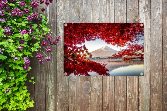 Décoration de jardin Mont Fuji vu à travers les feuilles rouges au Japon - 60x40 cm - Poster jardin - Toile jardin - Poster extérieur