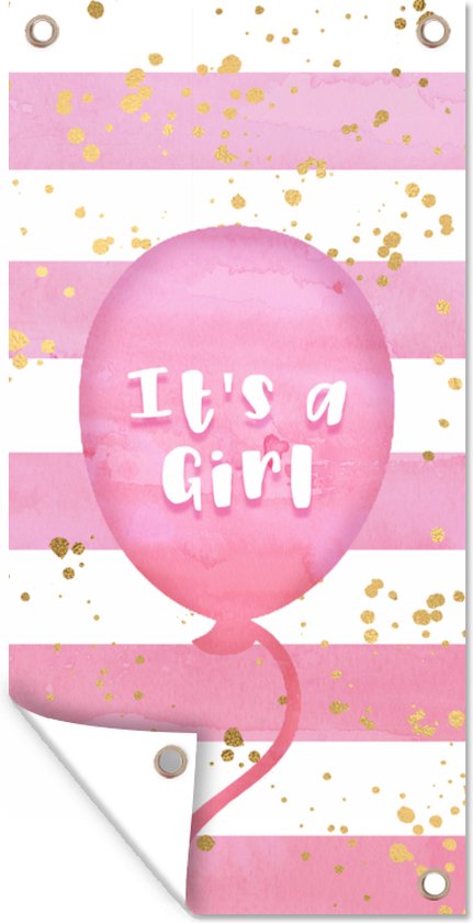 Foto: Schuttingposter waterverf goud roze gender reveal het is een meisje spreuken 100x200 cm tuindoek