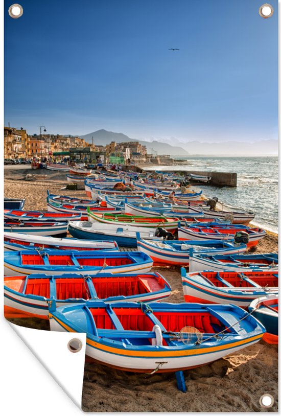 Muurdecoratie Roeiboten op het strand van Sicilië - 120x180 cm - Tuinposter - Tuindoek - Buitenposter