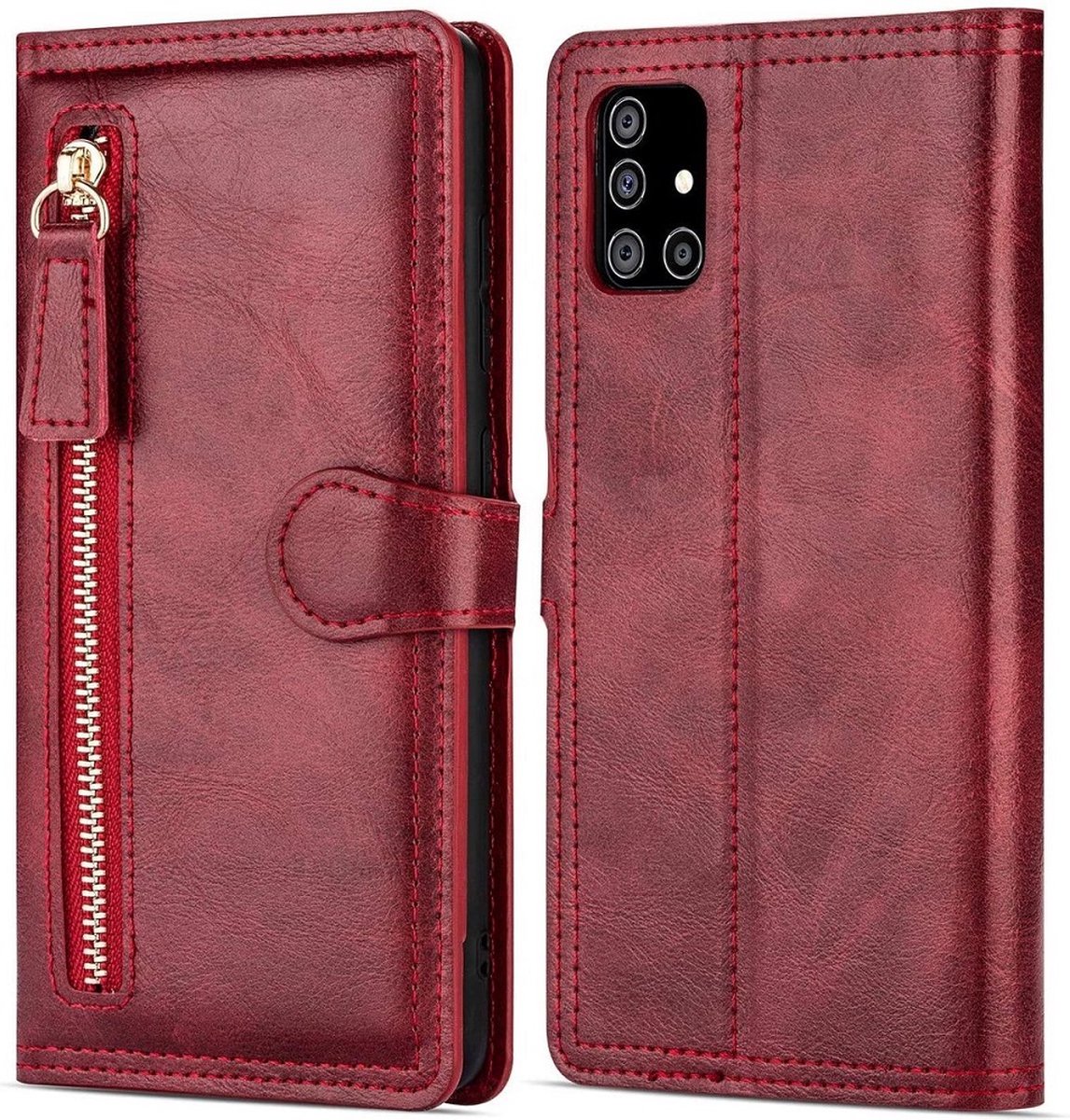Samsung Galaxy A02s Book case met ritssluiting van LuxeBass - Flipcover - Magnetisch - 5 kaarten houder - Rood - telefoonhoes - gsm hoes - telefoonhoesjes