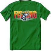 Fishing - Vissen T-Shirt | Grappig Verjaardag Vis Hobby Cadeau Shirt | Dames - Heren - Unisex | Tshirt Hengelsport Kleding Kado - Donker Groen - M
