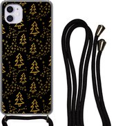 Hoesje met koord Geschikt voor iPhone 12 - Kerst - Goud - Zwart - Patroon - Siliconen - Crossbody - Backcover met Koord - Telefoonhoesje met koord - Hoesje met touw